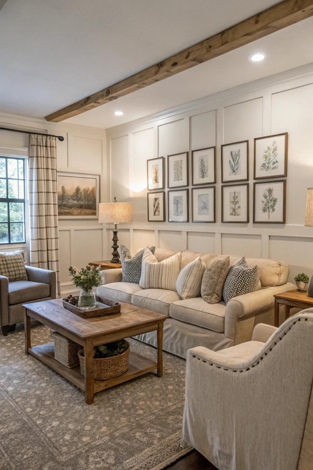 Stylish living room with artistic picture mold wainscoting.