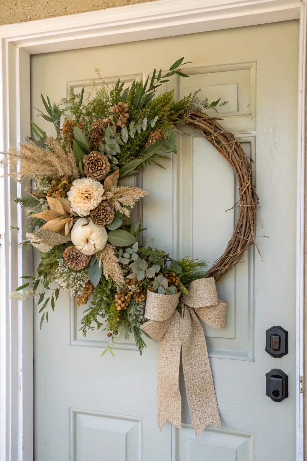 Neutral tones create a timeless look for farmhouse wreaths.