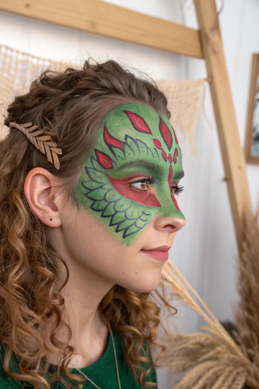 Unleash your inner dragon with this striking face paint design, blending bold colors with minimalist elegance.