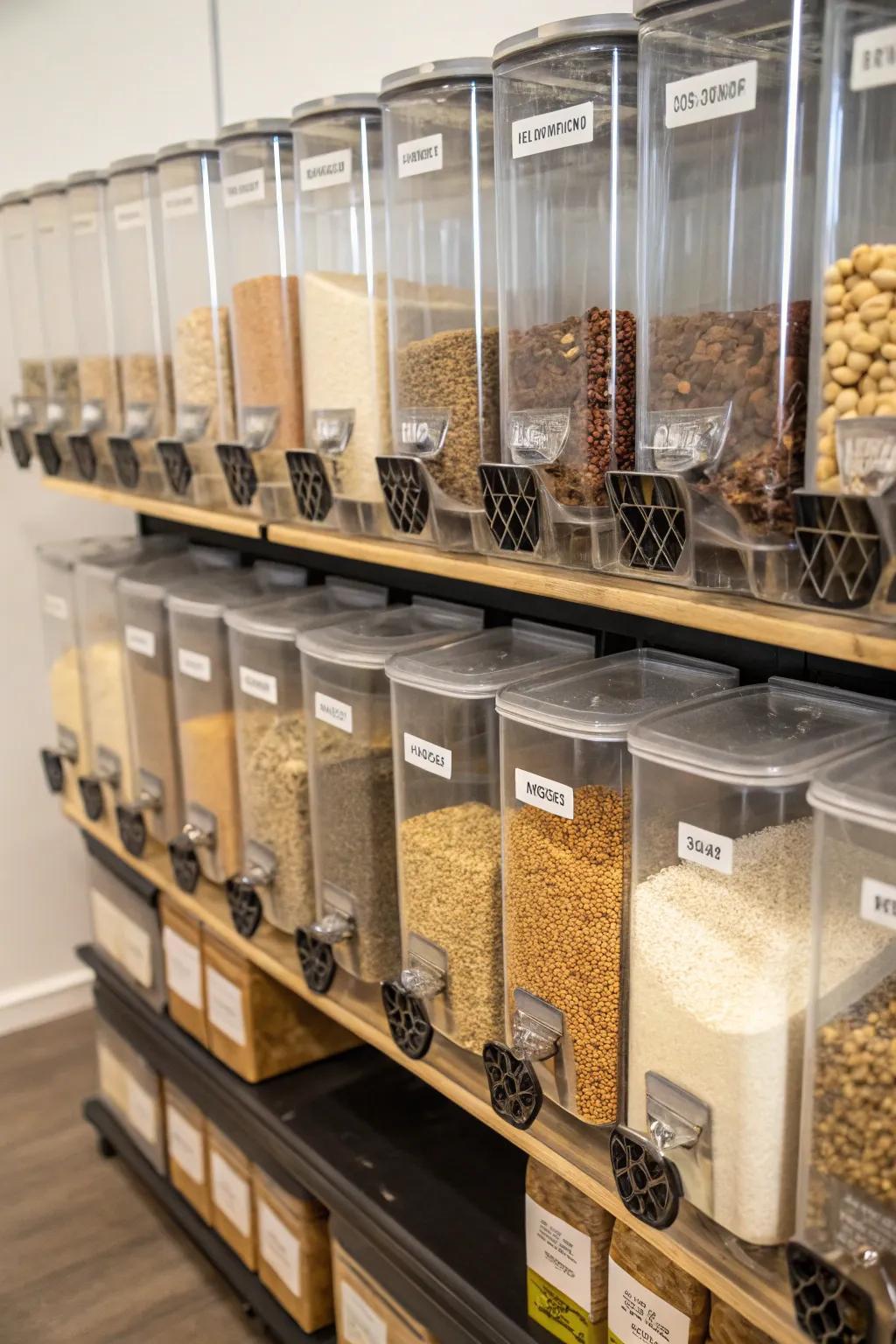 Clear containers for easy feed inventory management.