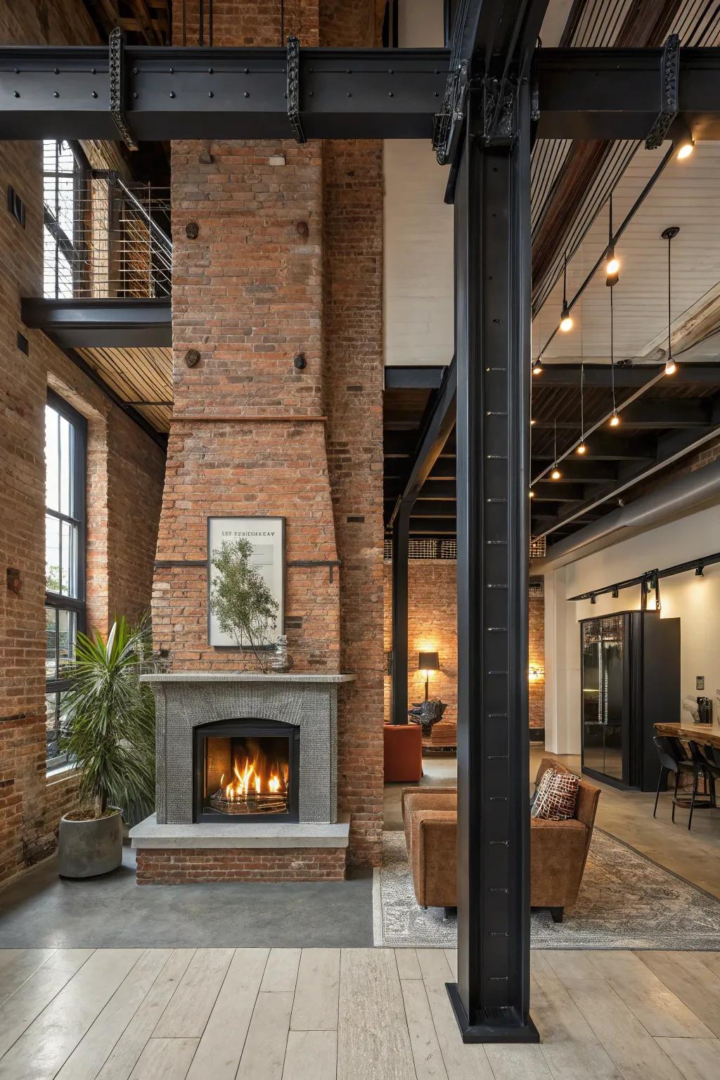 Steel columns bring an industrial chic edge to any fireplace.