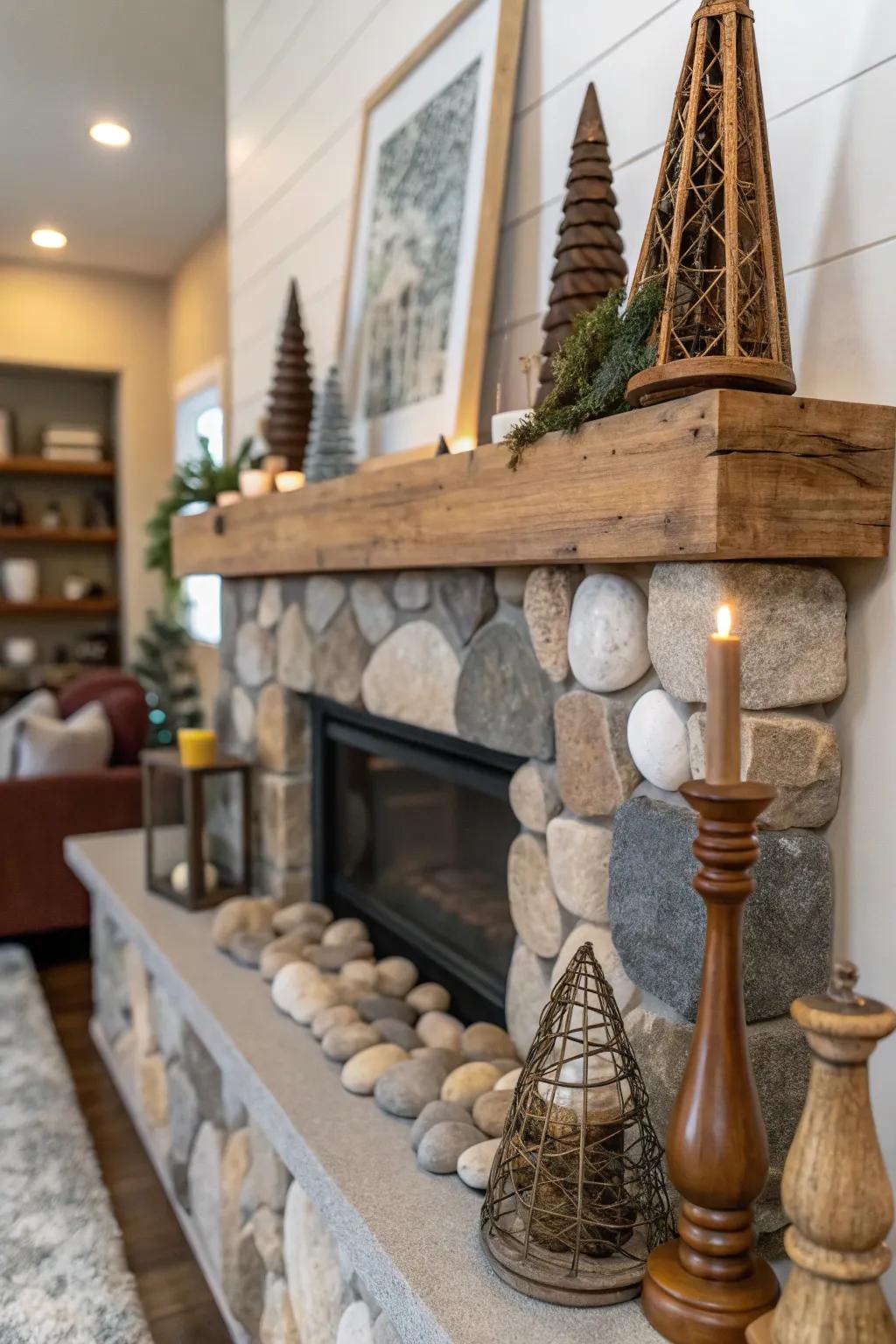 Mixed materials add texture and contrast to the mantel.