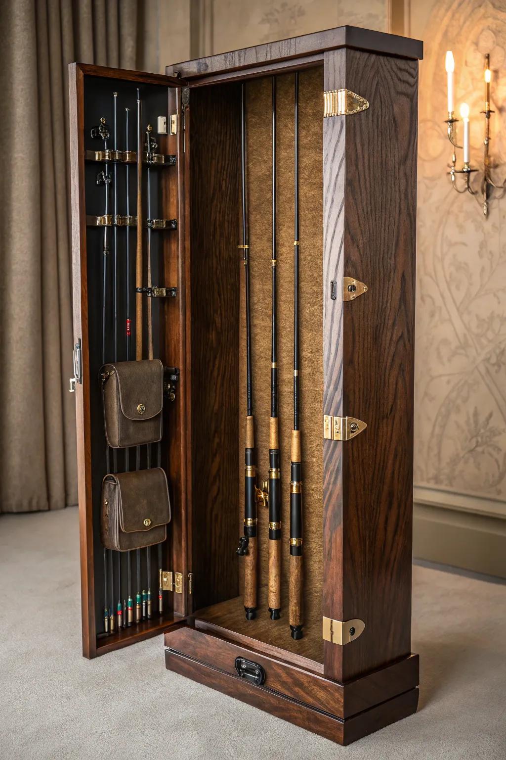 Elevate your fishing gear storage with this masterfully crafted rod locker, blending vertical and horizontal elegance.