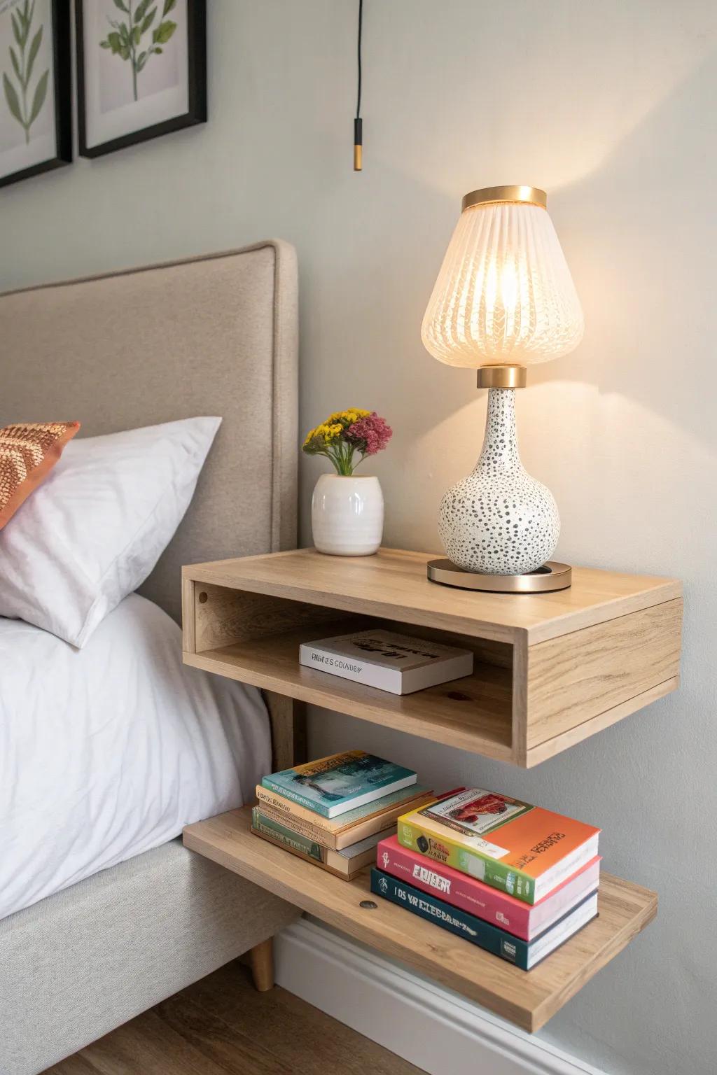 Transform your bedroom into a serene sanctuary with chic floating shelves. #BedroomBliss #ScandinavianStyle #MinimalistBeauty