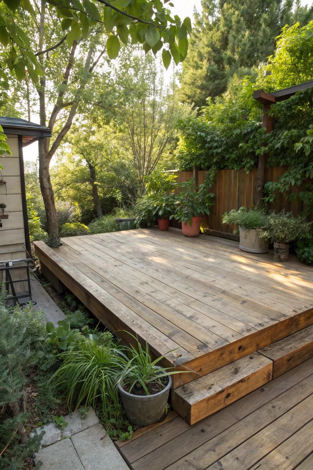 Experience the rustic charm of a floating deck that brings nature to your doorstep.