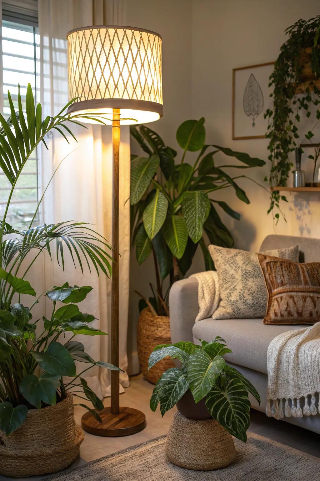 Bring the outdoors in by pairing your floor lamp with lush greenery.