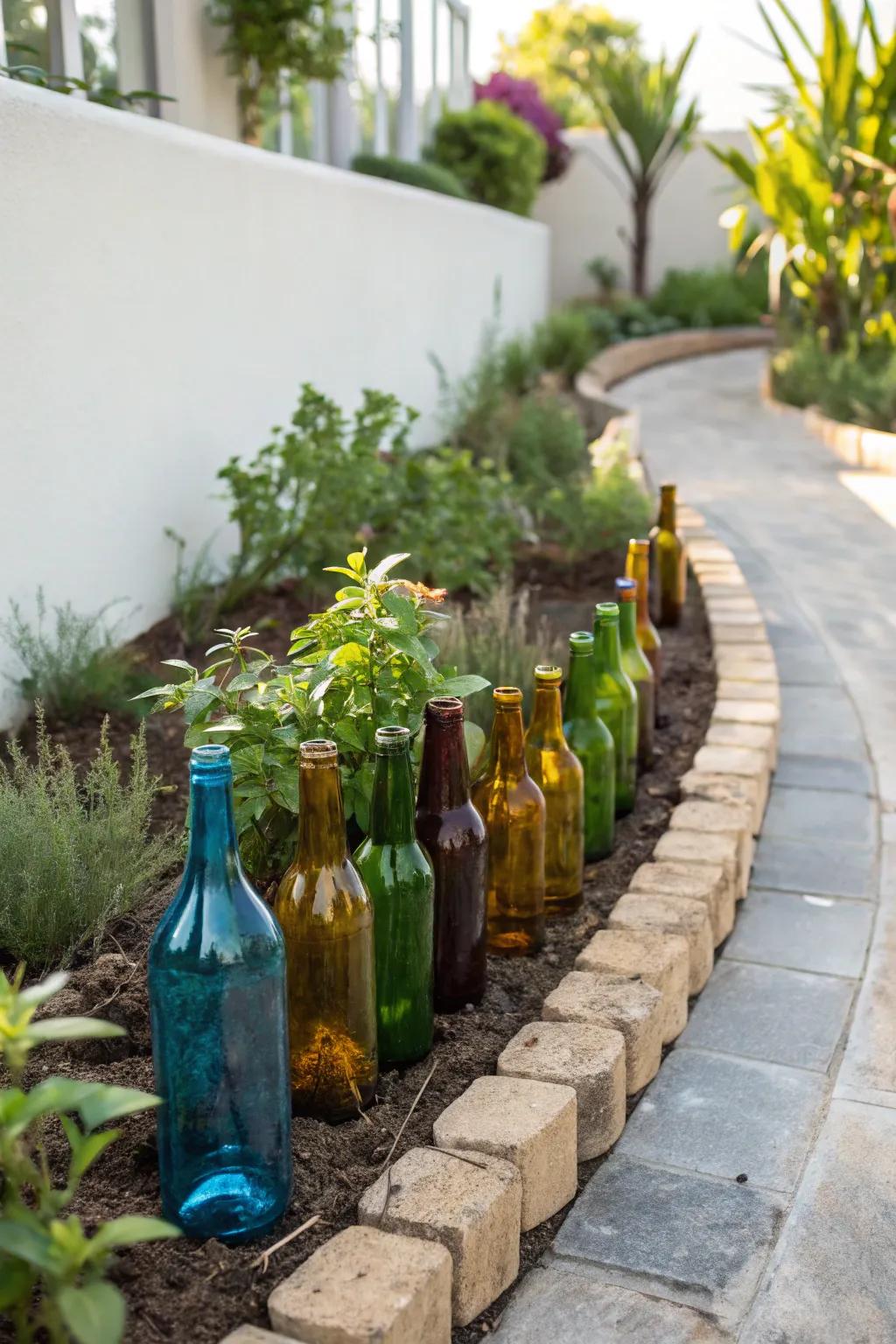 Illuminate your garden with eco-friendly elegance using recycled glass bottle borders. A sustainable and stylish touch for your flower beds.