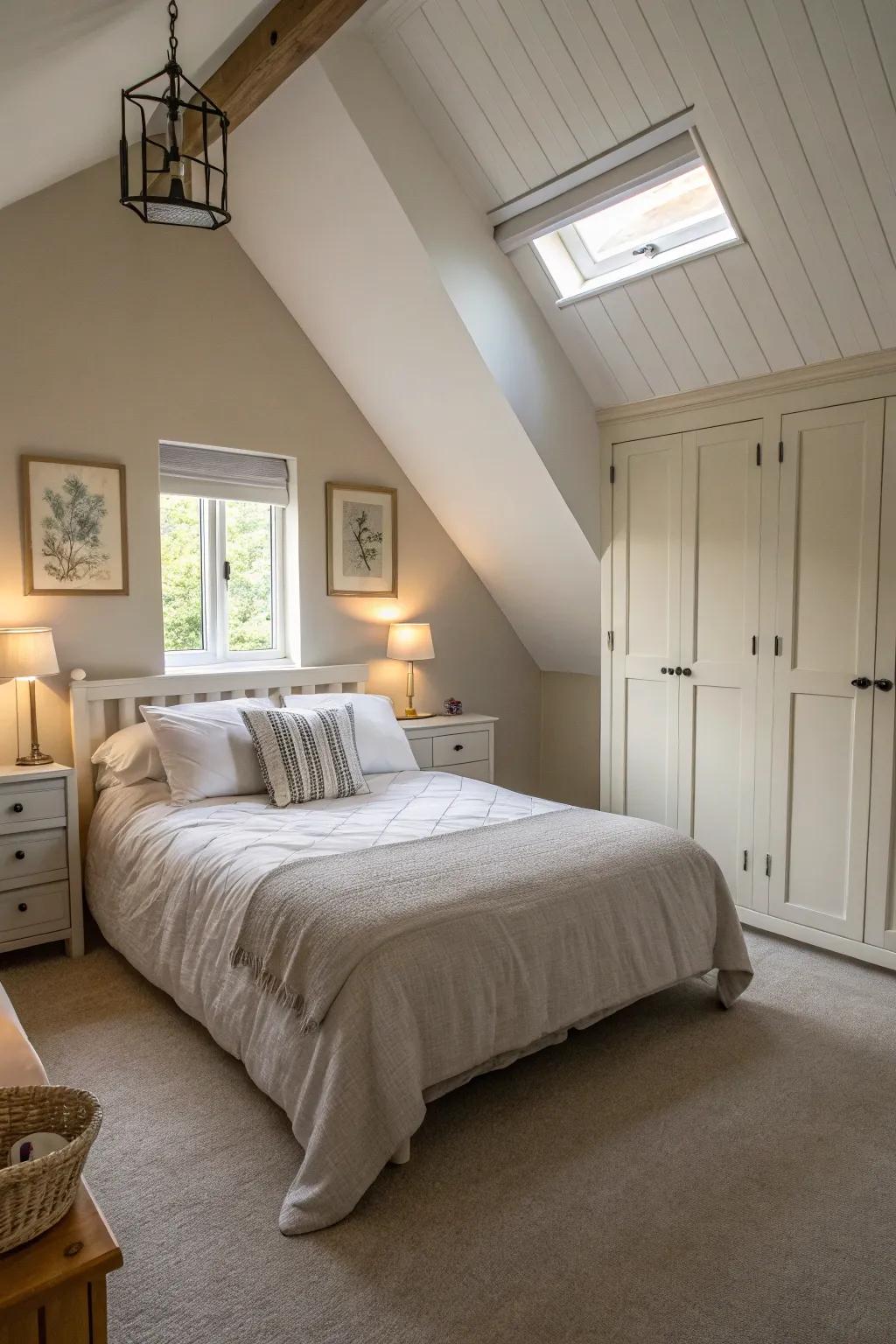 A tranquil bedroom sanctuary with a gable ceiling.