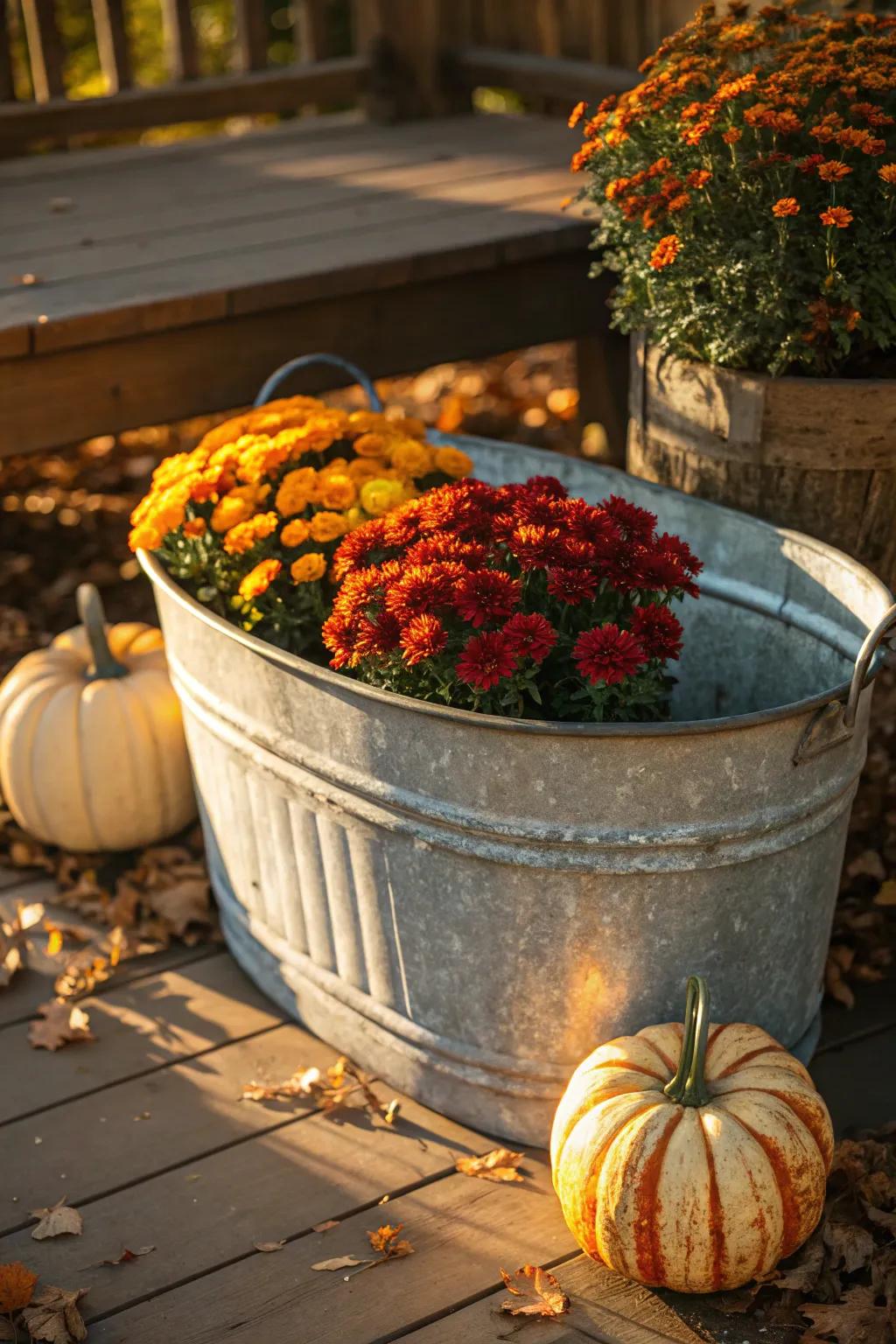 Elevate your garden game with a rustic galvanized wash tub planter, showcasing autumn's vibrant hues and timeless craftsmanship.