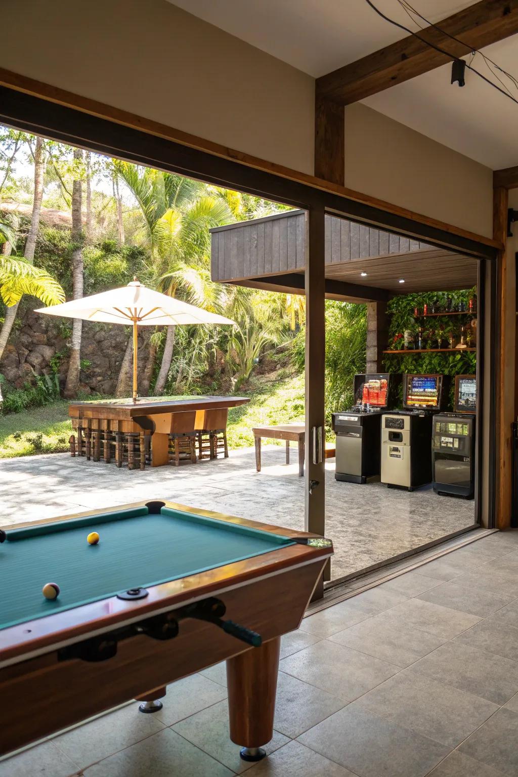 An outdoor-indoor bar integration enhances your game room with fresh air and light.