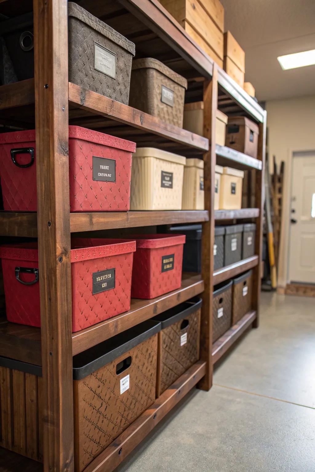 Transform chaos into order with expertly crafted garage shelving and labeled storage bins.