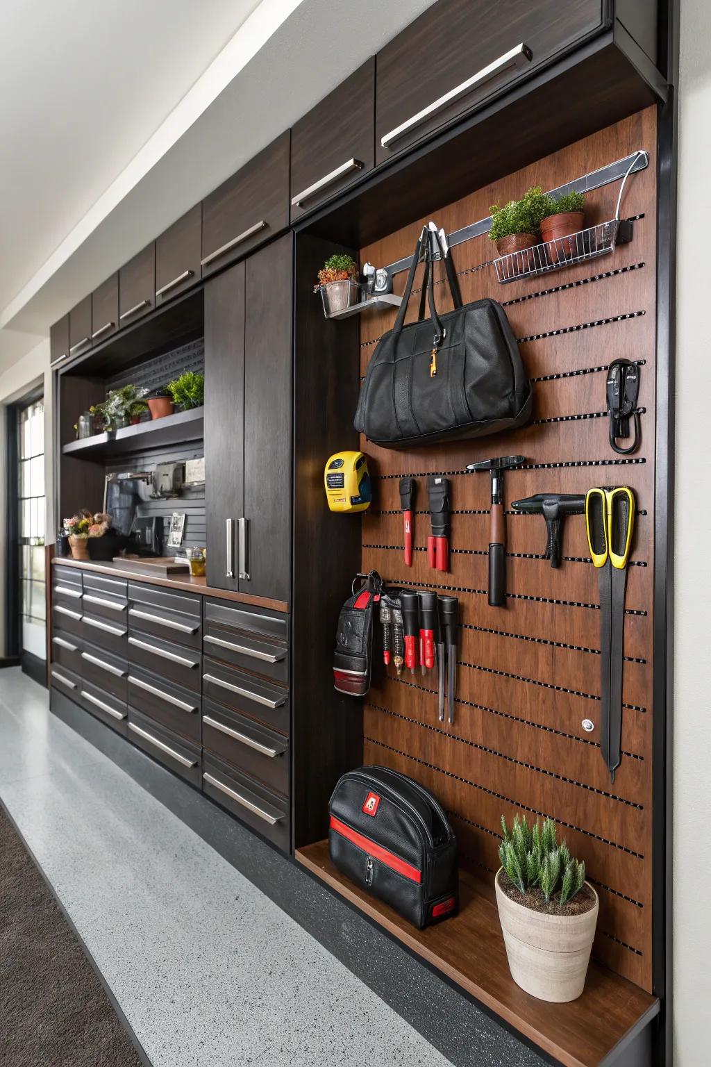 Elevate your garage game with this ultimate slatwall setup, where functionality meets style.