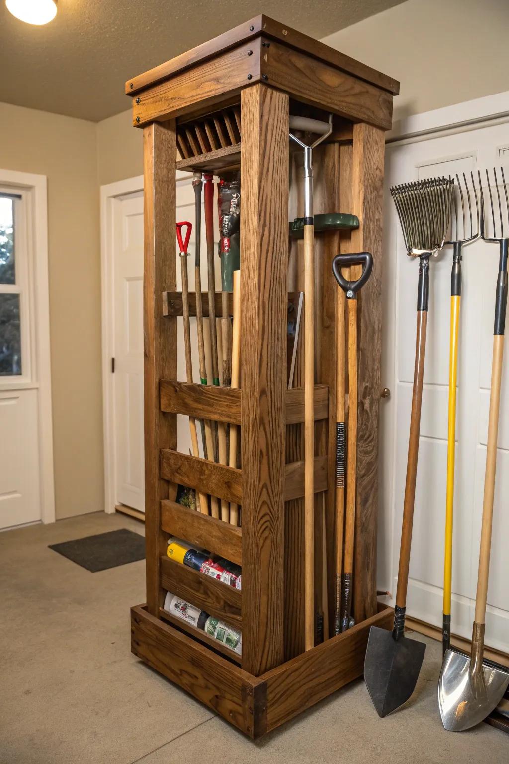 Elevate your garage organization with a handcrafted garden tool tower, where elegance meets functionality.