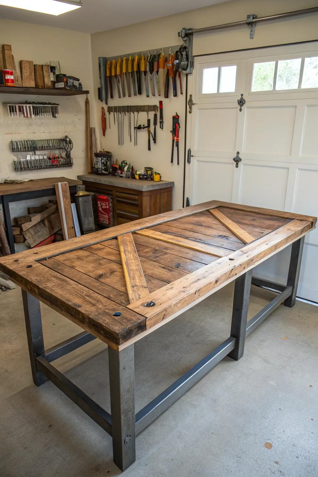 Transform your garage with a reclaimed barn door workbench—where rustic charm meets craftsmanship.