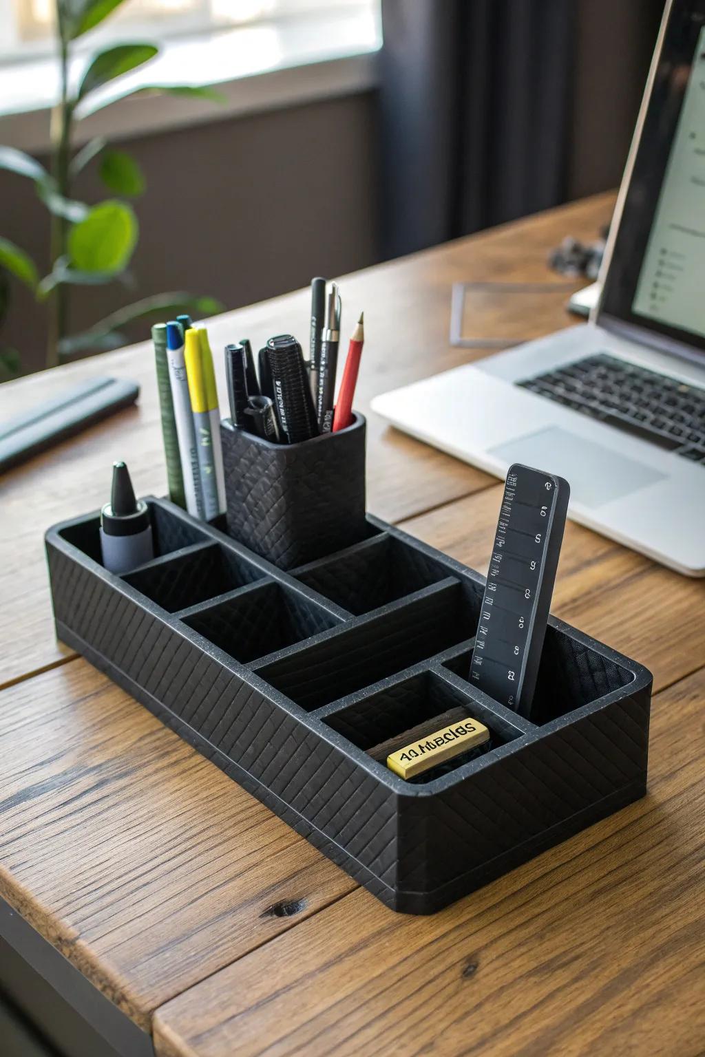 Elevate your workspace with this sleek, 3D-printed desk organizer: where style meets functionality.