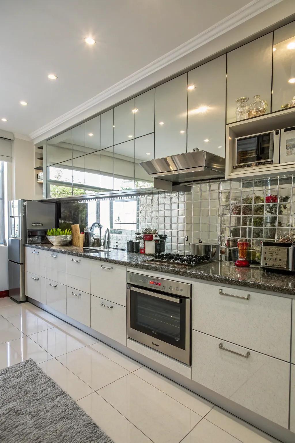 Reflective surfaces enhancing light and space in the kitchen.