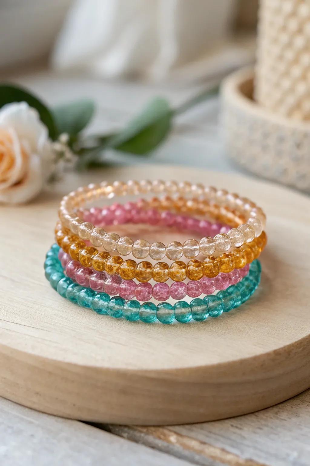 Embrace the art of stackable simplicity with these vibrant glass bead bracelets.
