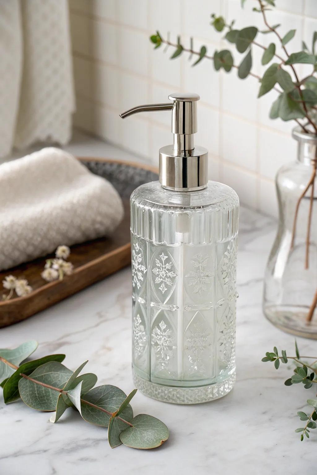 Elevate your bathroom decor with this chic and eco-friendly DIY glass bottle soap dispenser. #MinimalistBeauty #EcoFriendlyLiving