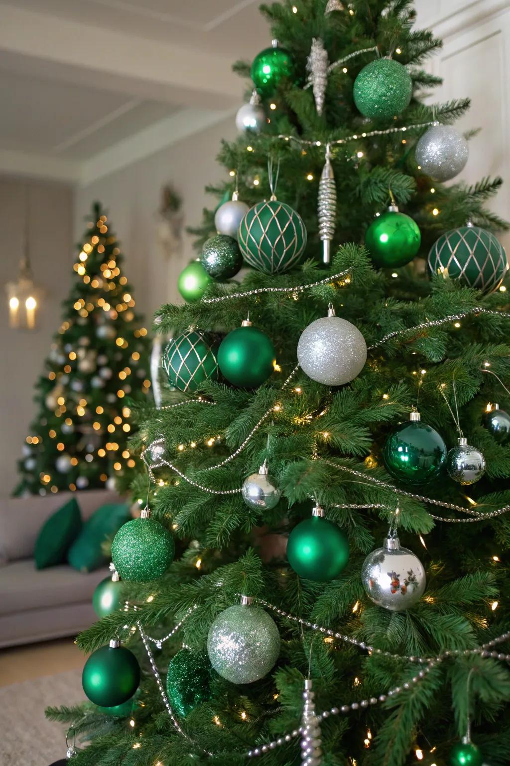 An elegant emerald and silver Christmas tree that adds sophistication to any space.