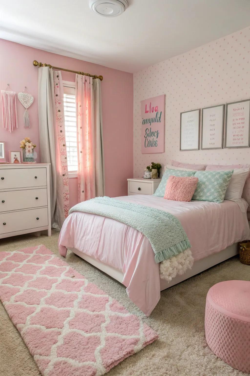 A pink feature wall acts as a striking focal point.