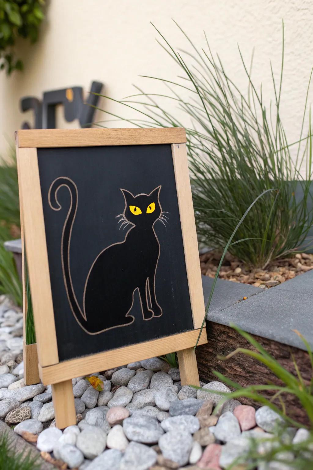 Eerie Elegance: Add a touch of mystery to your garden with this black cat chalkboard design.