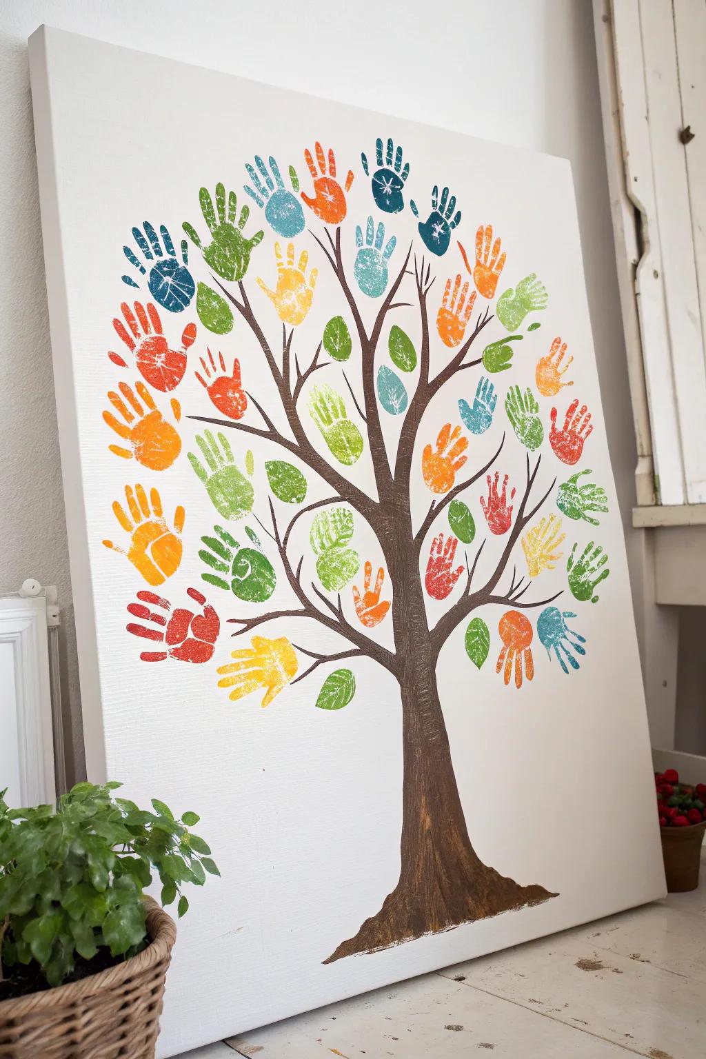 Celebrate the changing seasons with this captivating handprint tree art, where simplicity meets bold color. 🍂🌸❄️🌿