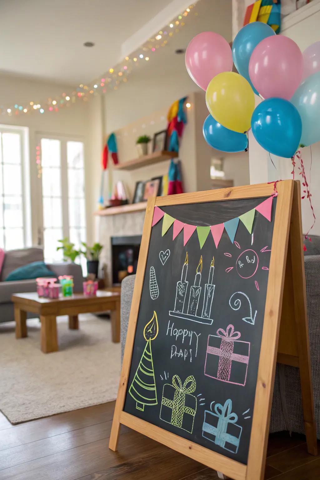 A collection of party icons decorating a birthday chalkboard.