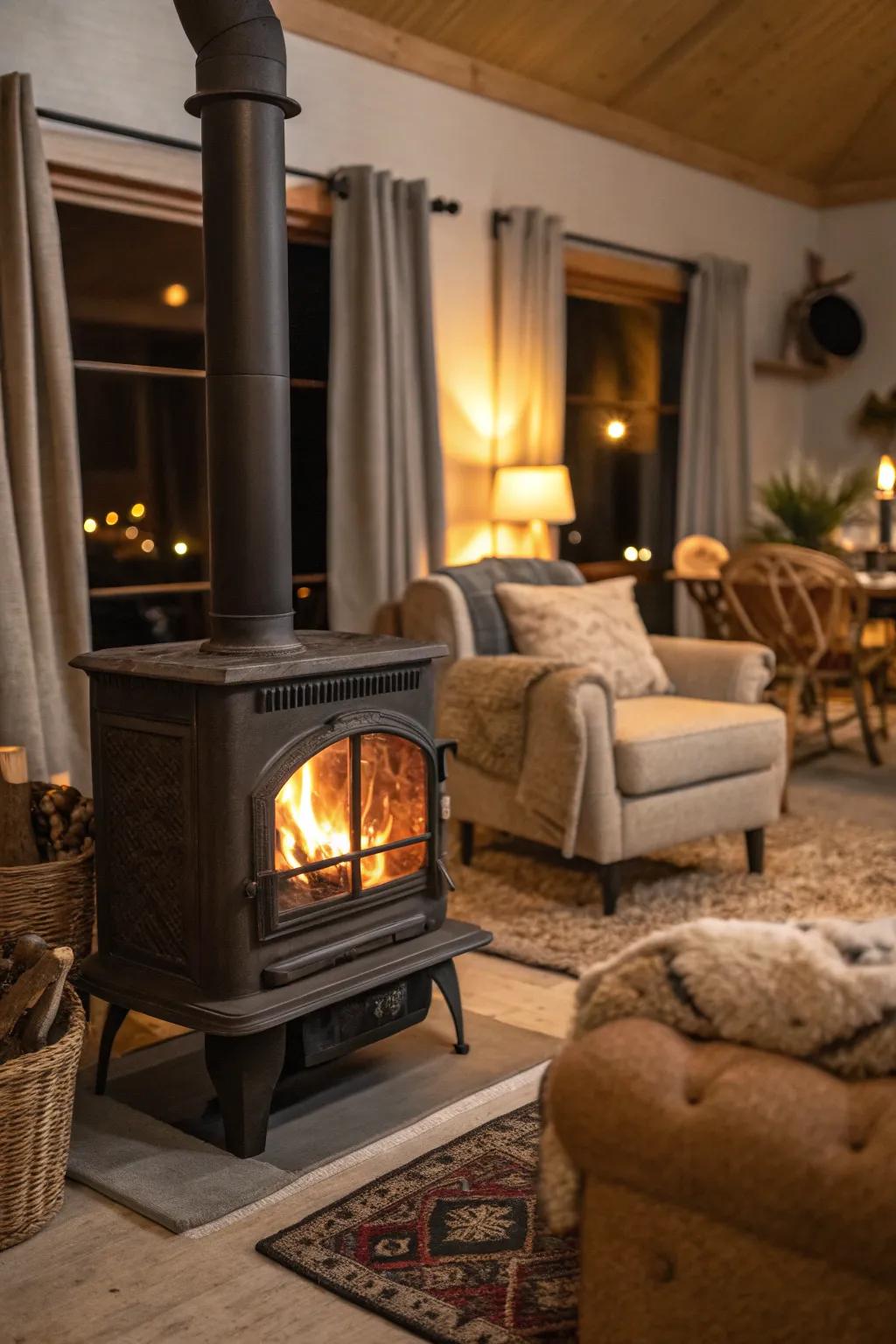 A warm atmosphere with cozy seating enhances the hearth's appeal.