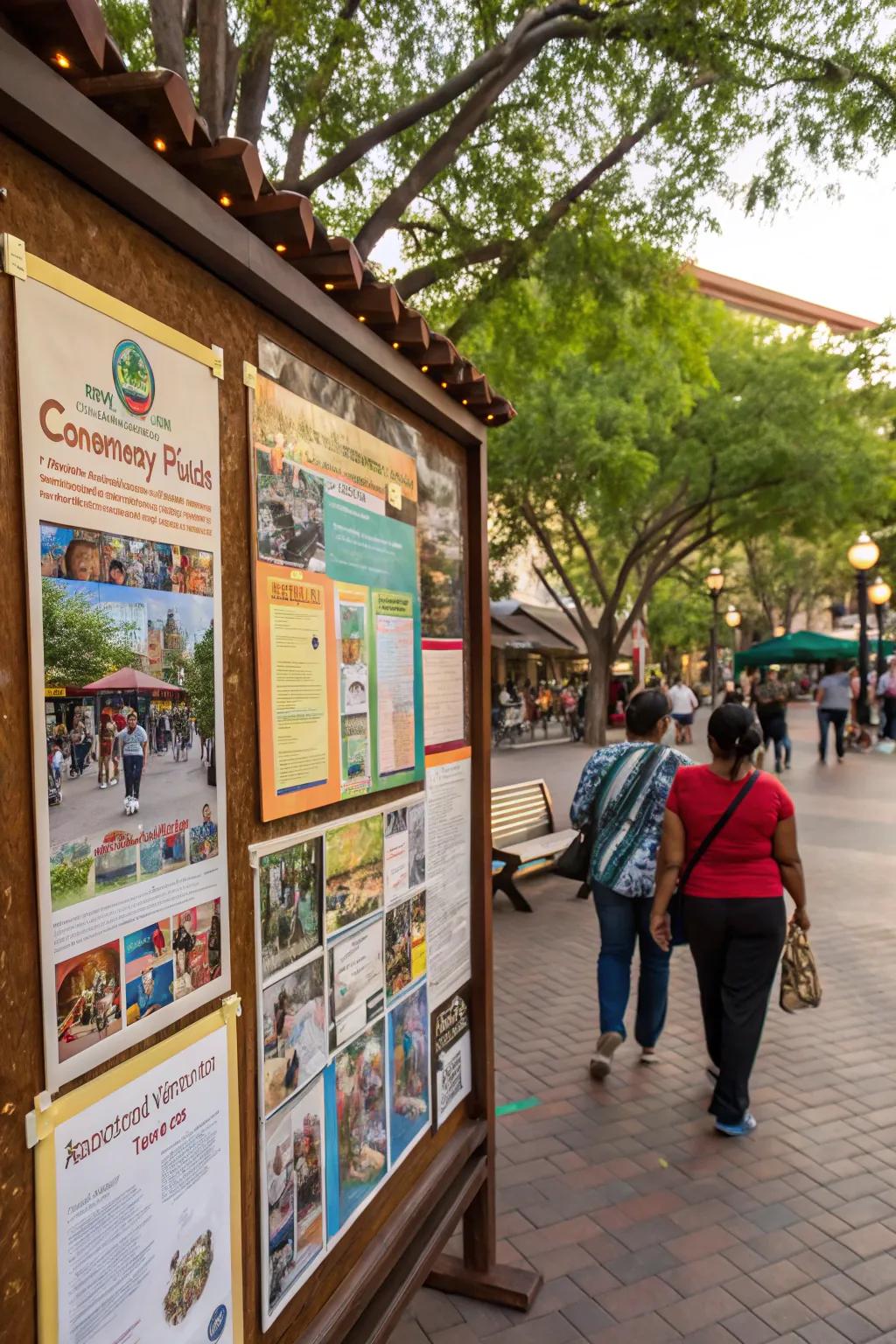 Community highlights on a bulletin board celebrating local achievements.