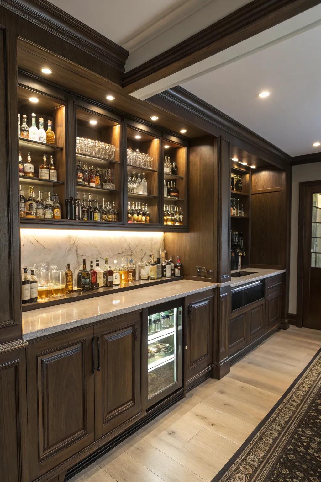 Hidden storage solutions keep your whiskey bar organized and sleek.