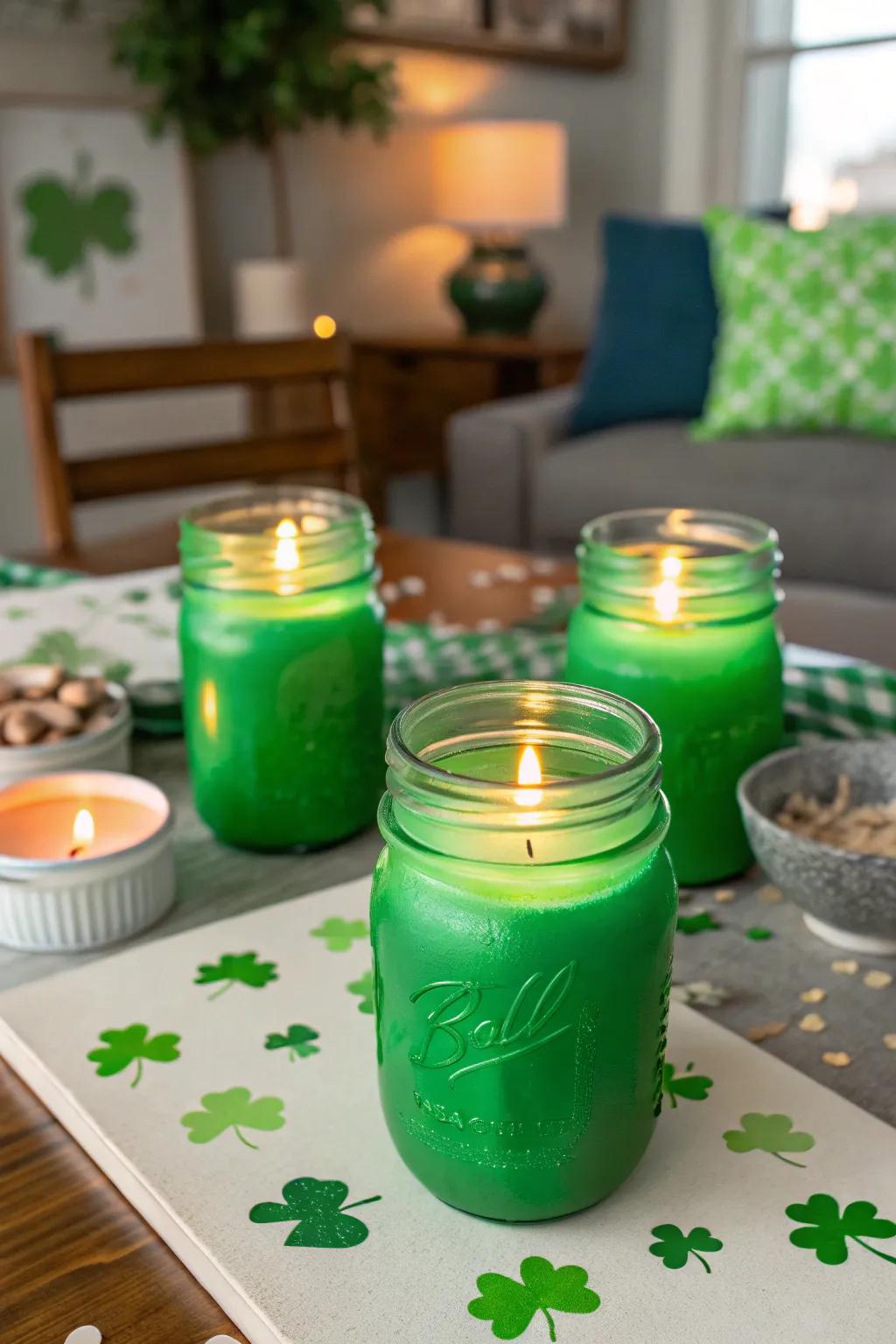 Green-painted mason jars serve as stylish candle holders.