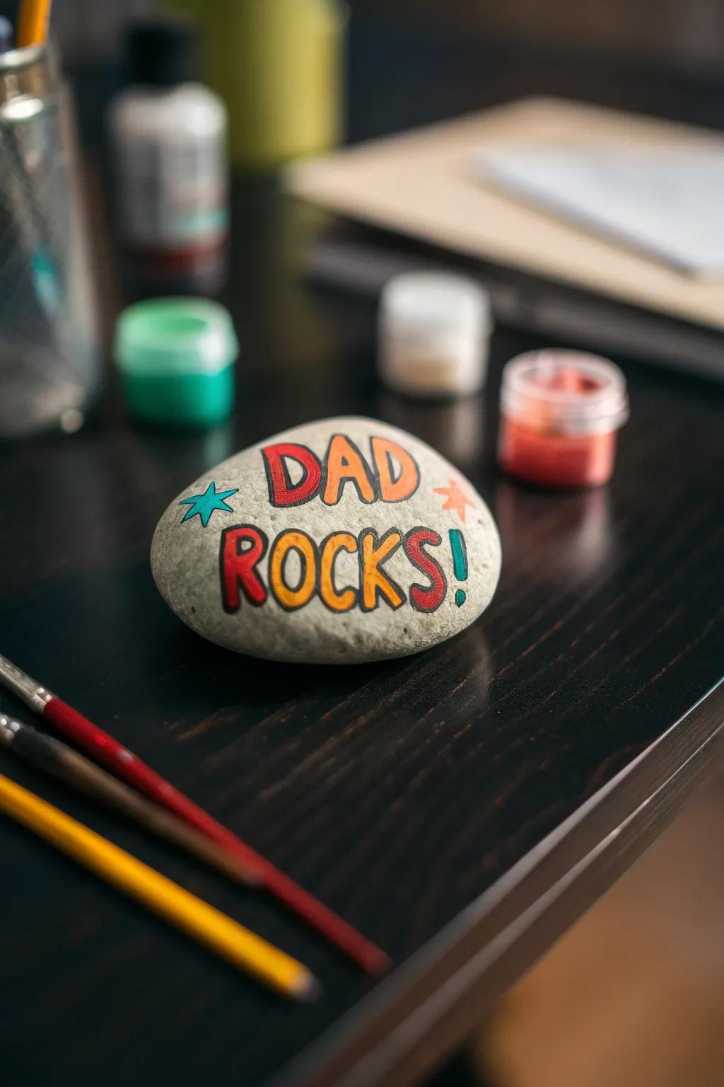 A handcrafted touch to brighten Dad's workspace – 'Dad Rocks!' paperweight.