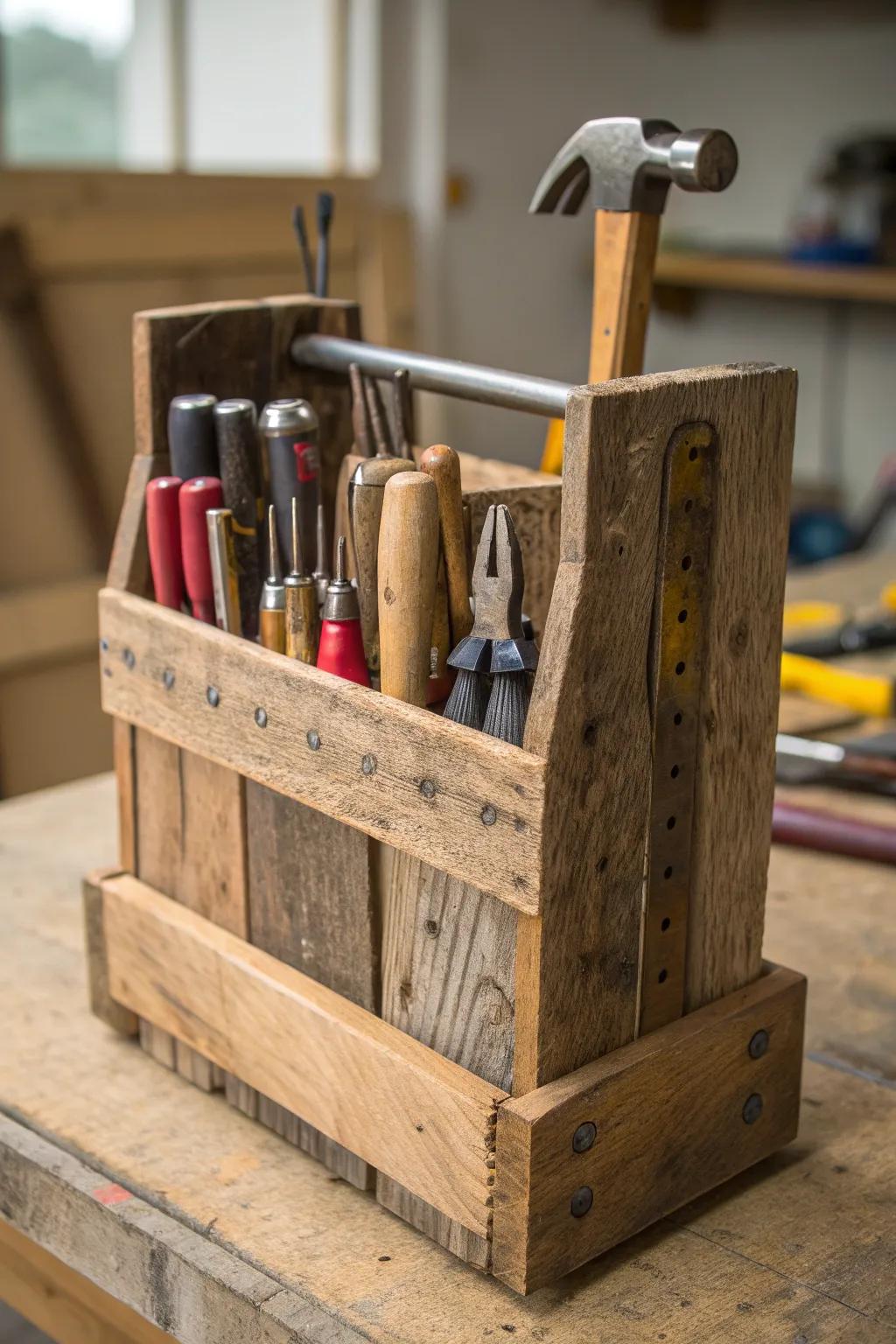 Elevate your workshop with this rustic, upcycled tool holder crafted from vintage wooden pallets.
