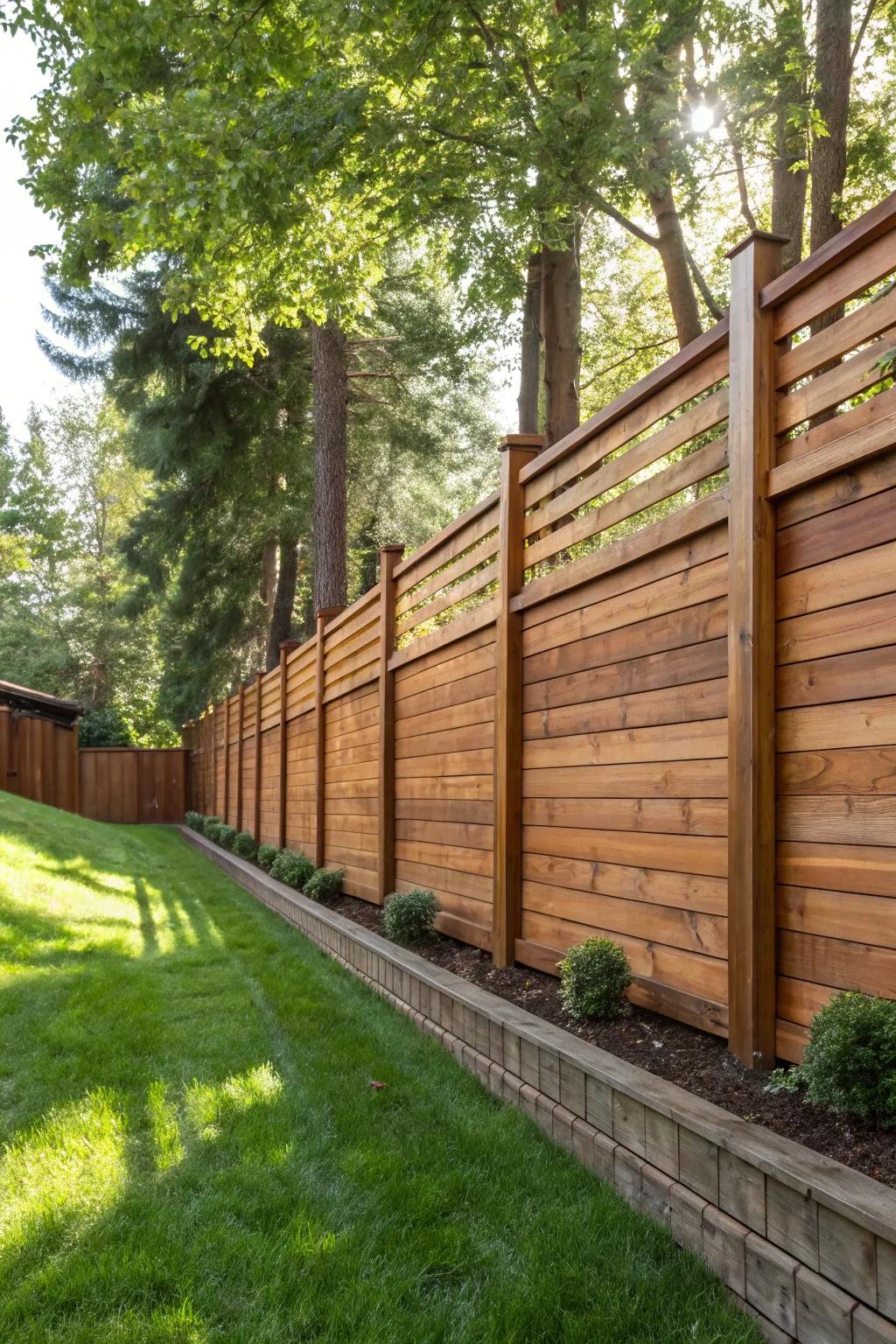 Elevate your sloped yard with the timeless elegance of a stained horizontal cedar fence.