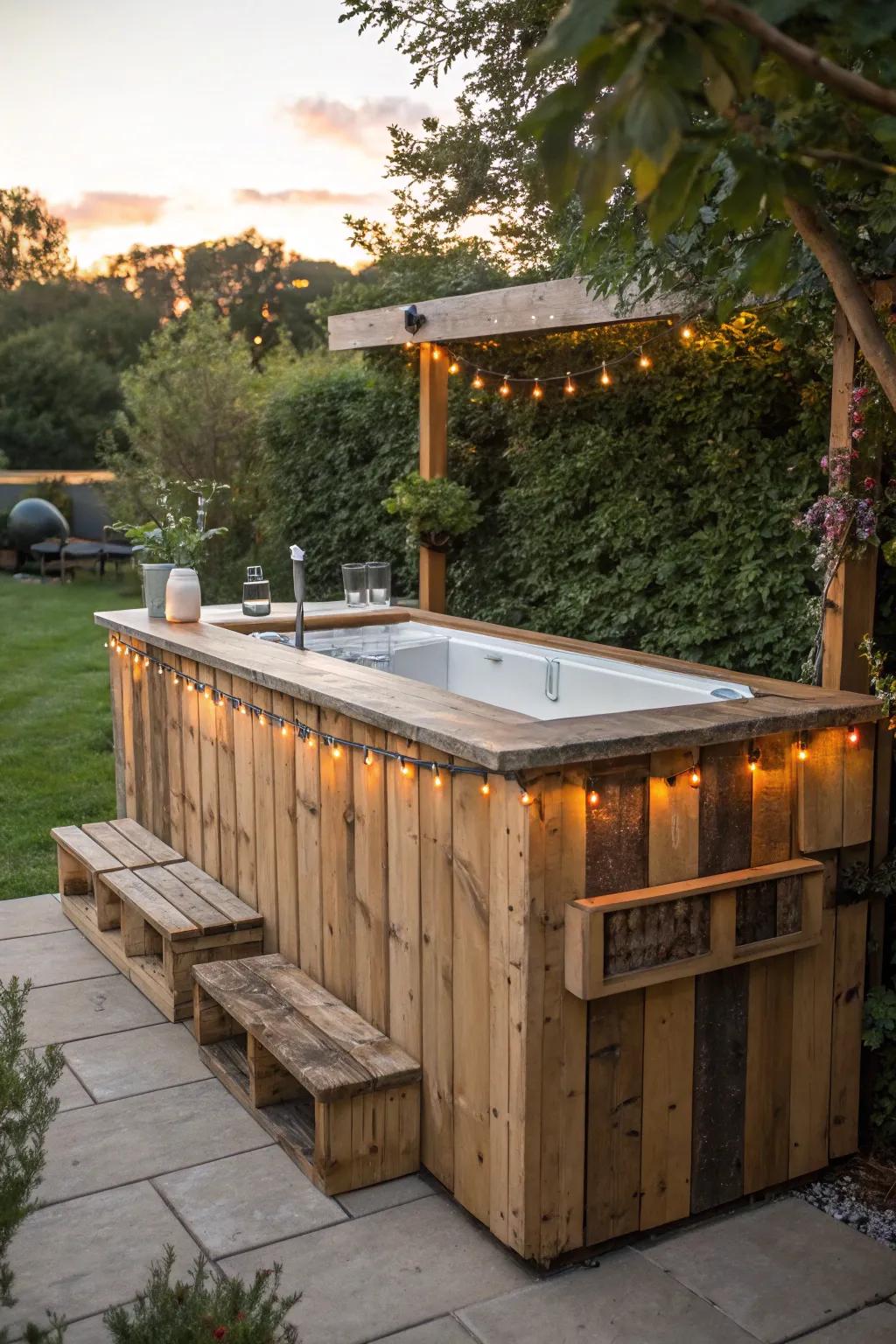 Sustainable Luxury: Transform your outdoor space with a handcrafted, eco-friendly hot tub bar made from reclaimed pallets.