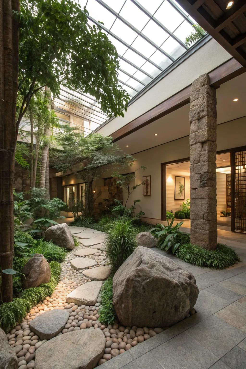 Stone and rock elements add a grounded feel to this natural atrium.