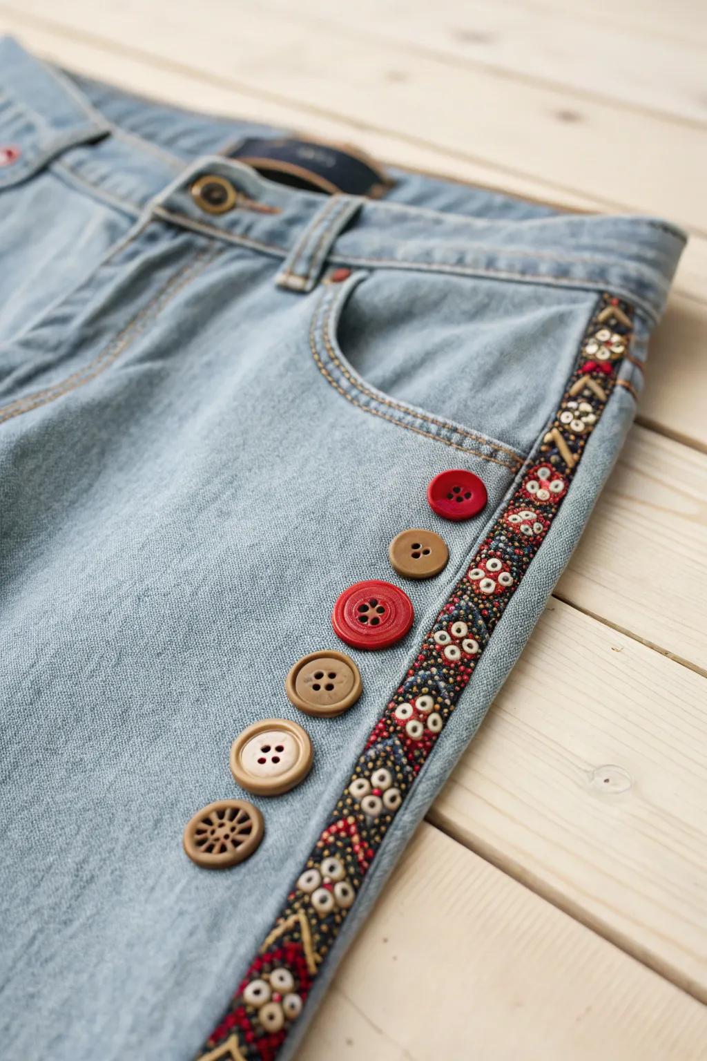 Elevate your denim style with a unique row of vintage buttons. A simple yet bold statement for any wardrobe!