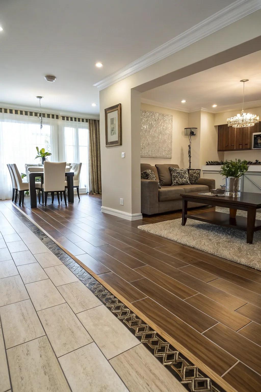 Different flooring materials define the boundaries between spaces.