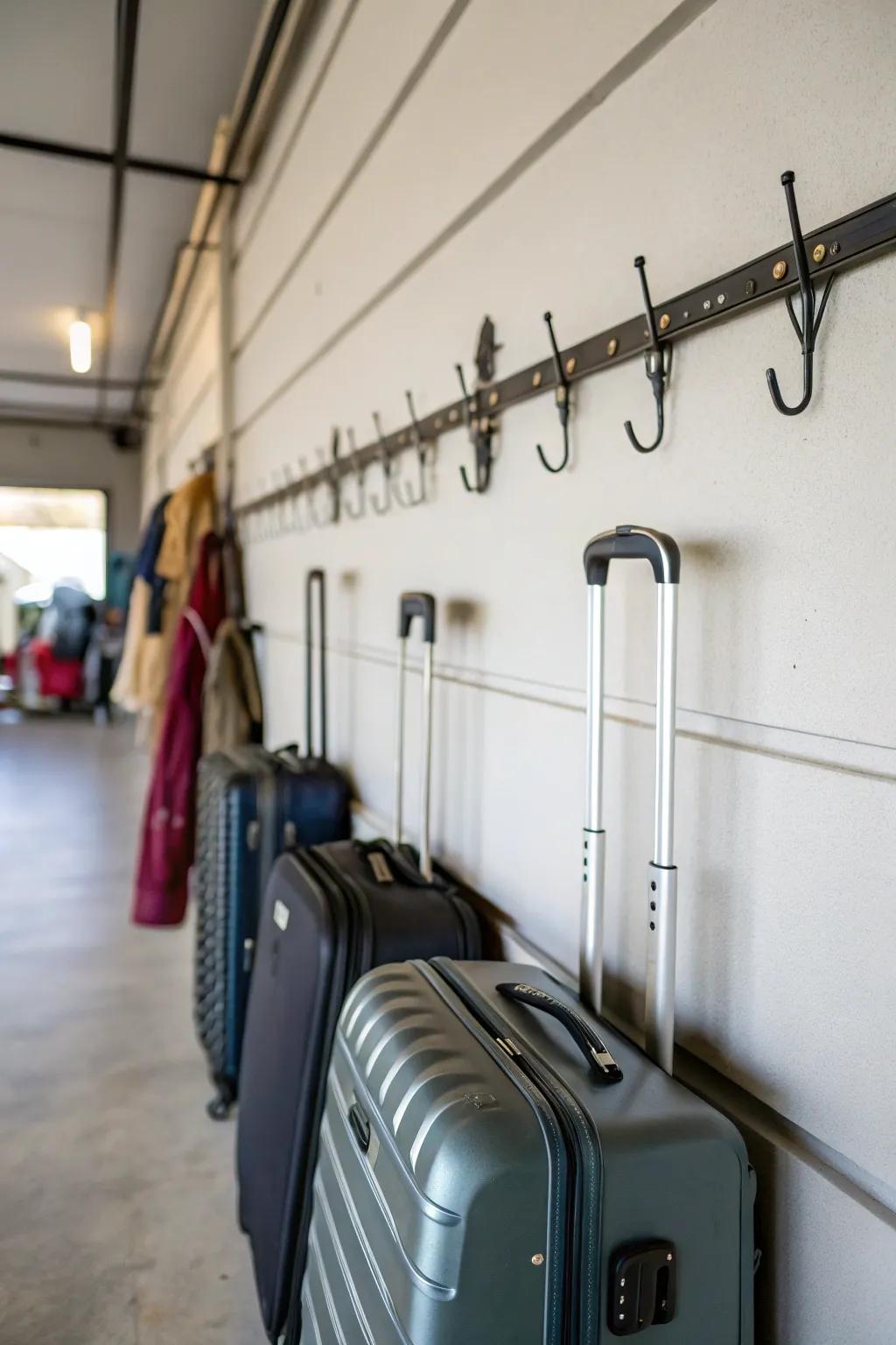 Use hooks to hang suitcases and save floor space.