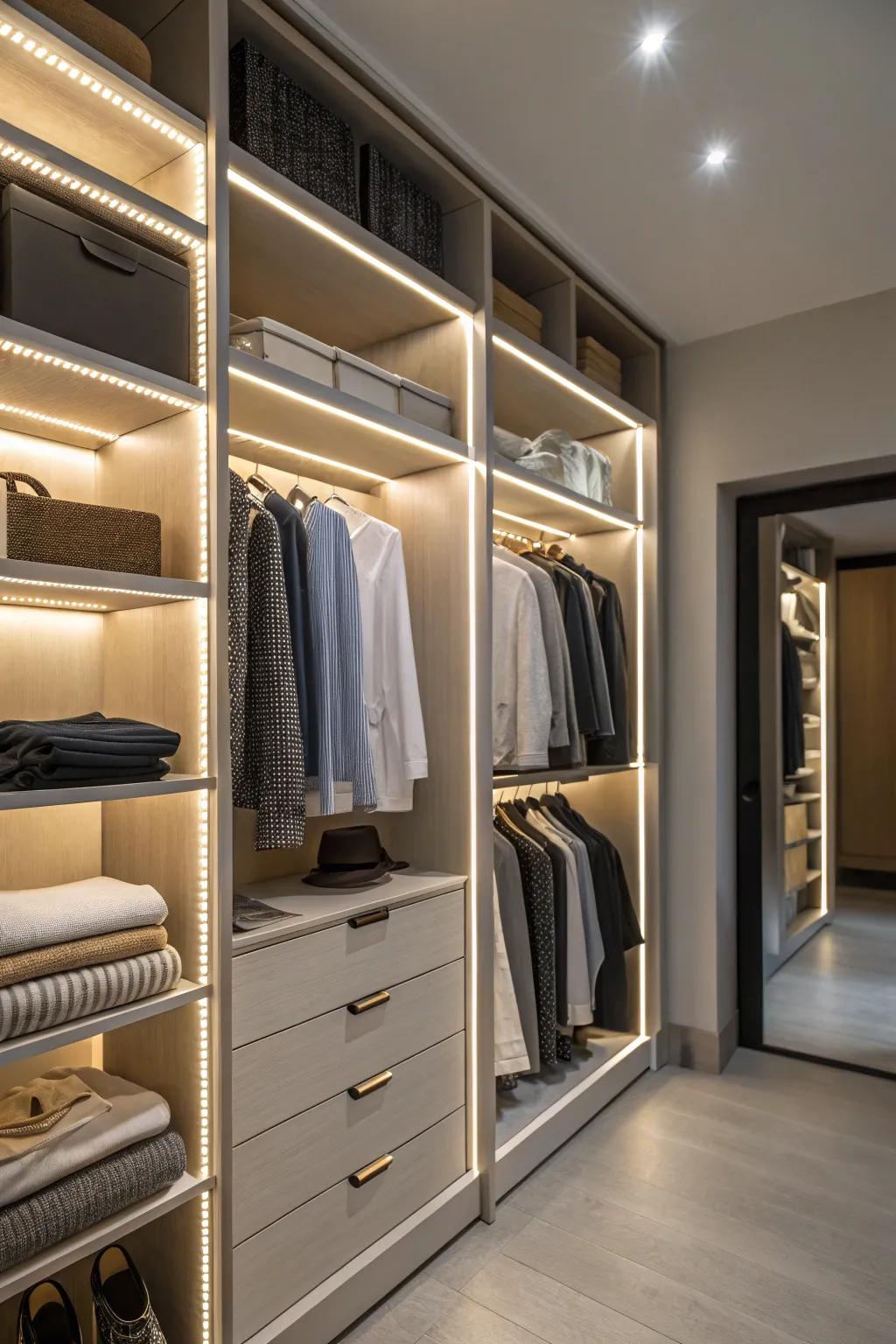 Enhanced lighting brings visibility and clarity to deep closet spaces.