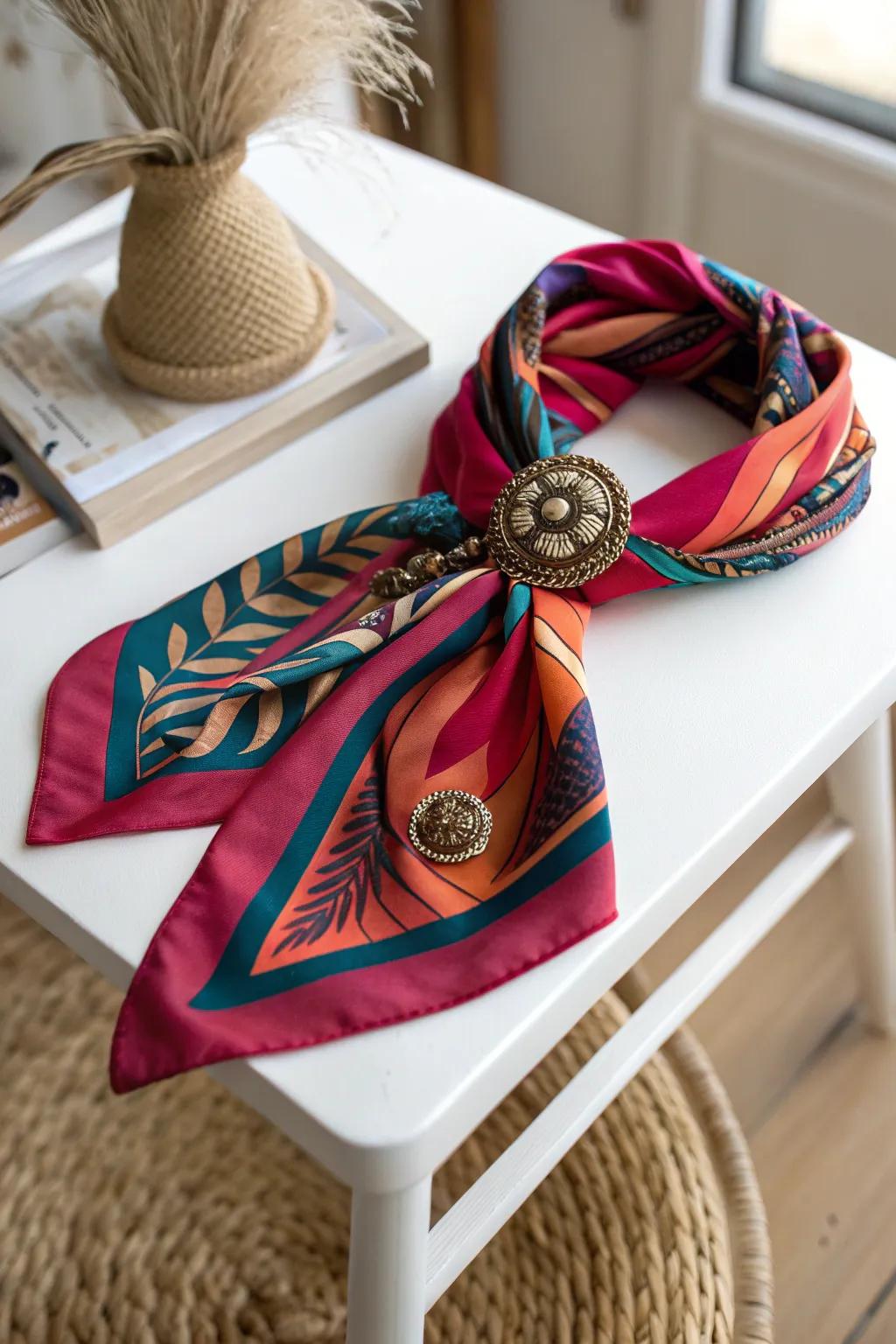 Elevate your gift-giving with a touch of elegance: a clothing item wrapped in a vibrant scarf, secured with a vintage brooch. Perfect for the minimalist at heart!