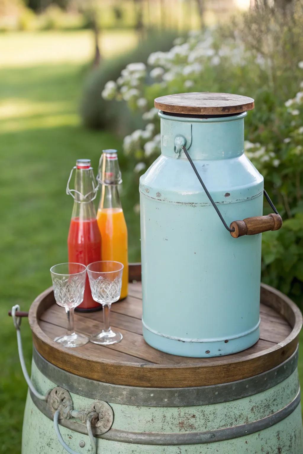 Transform nostalgia into function with a vintage twist: a charming beverage station for your garden gatherings.