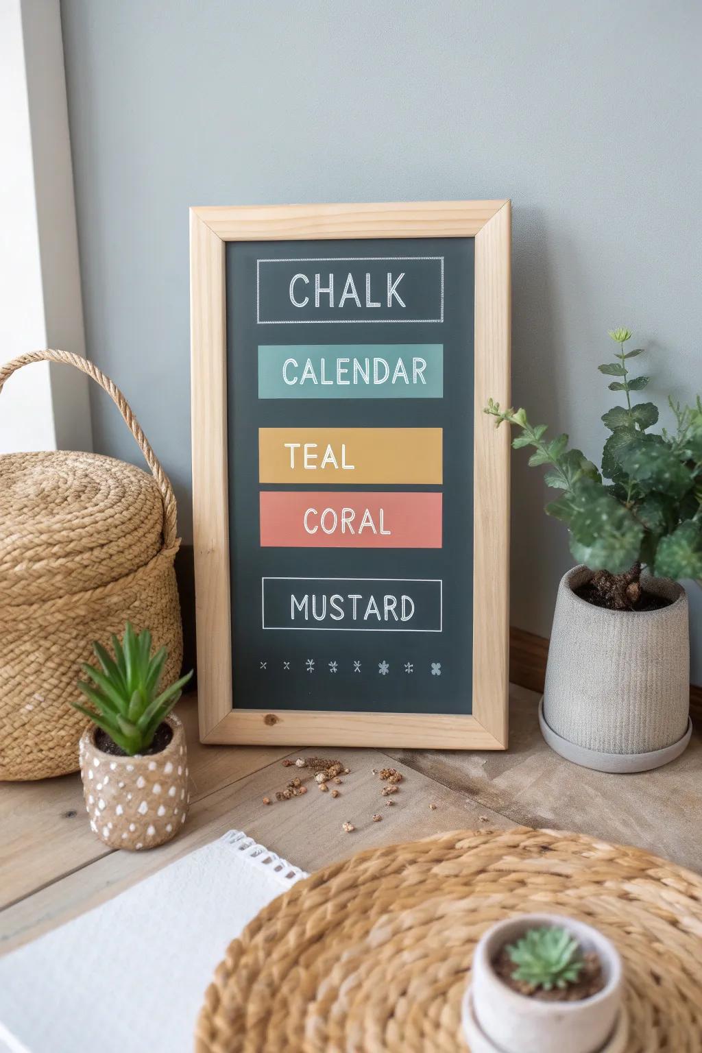 Infuse your month with joy: A splash of color on your minimalist chalkboard calendar.