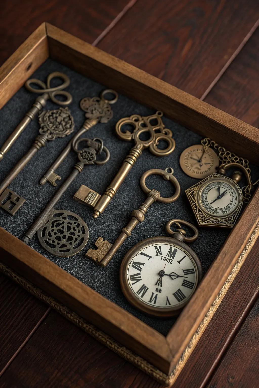 Unlock the past: A curated collection of history in a shadow box.
