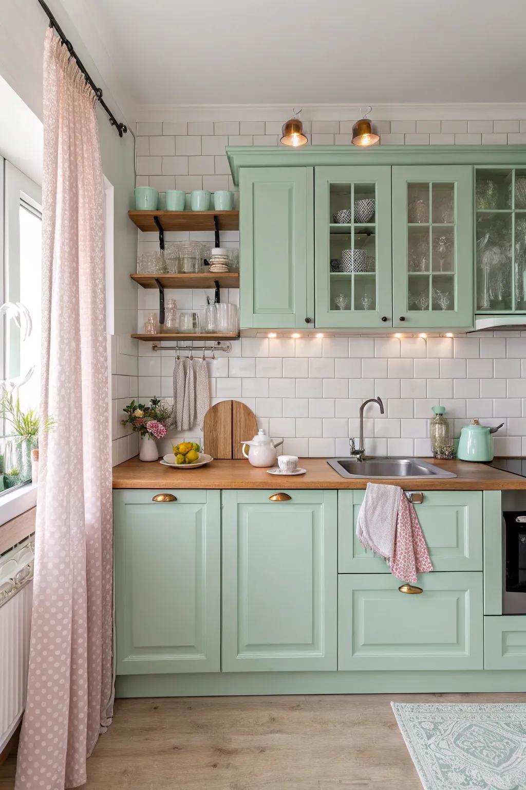 Soft pastel hues create a gentle and inviting kitchen space.