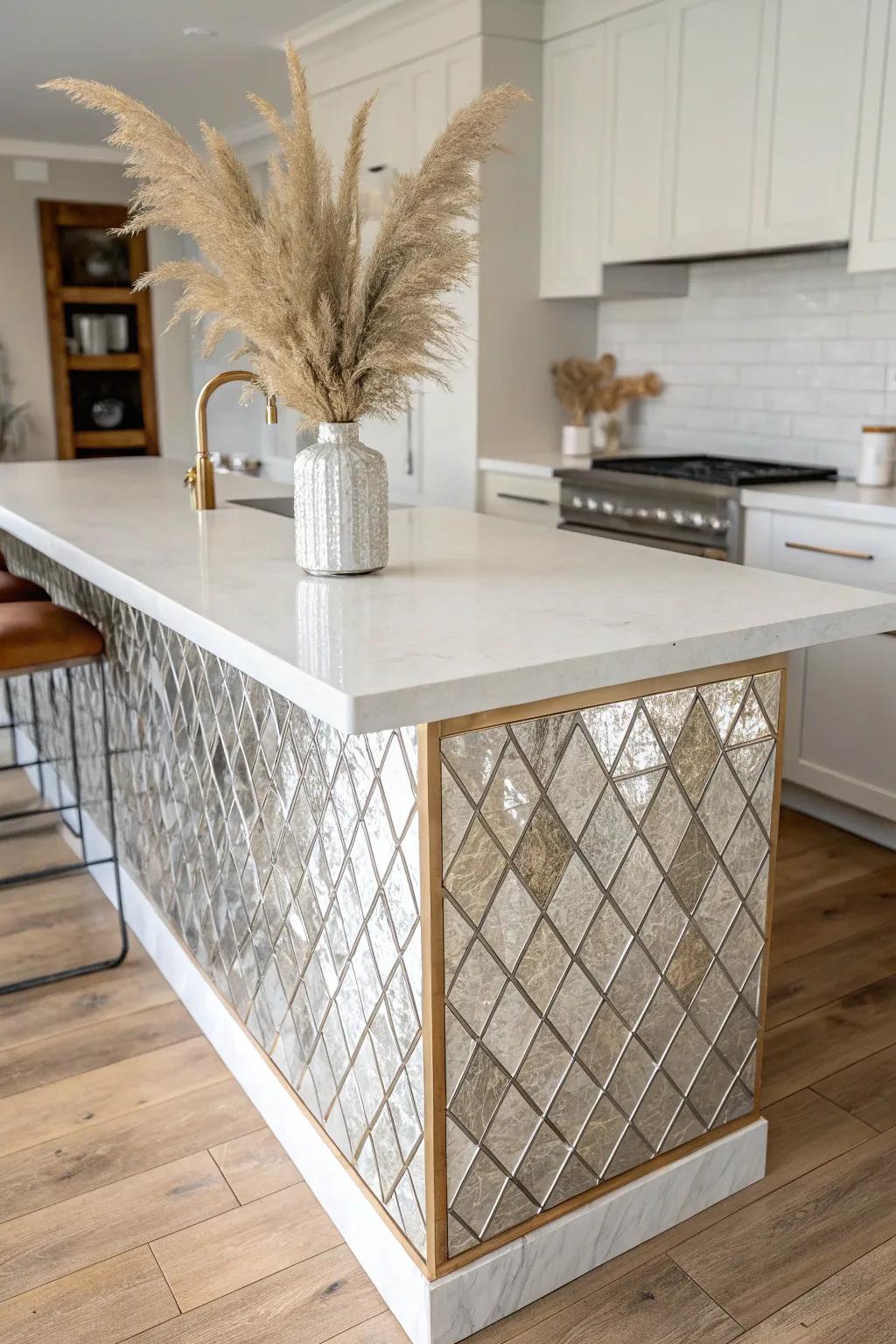 Elevate your kitchen with sleek metallic tiles that add a touch of glamour and sophistication.