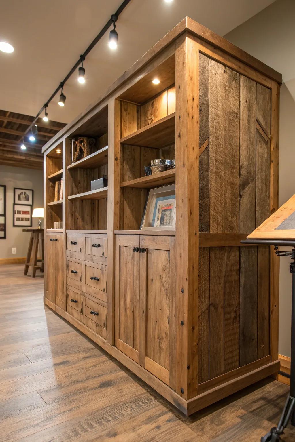 Elevate your space with sustainable style: a knee wall storage unit that blends rustic charm with modern functionality.