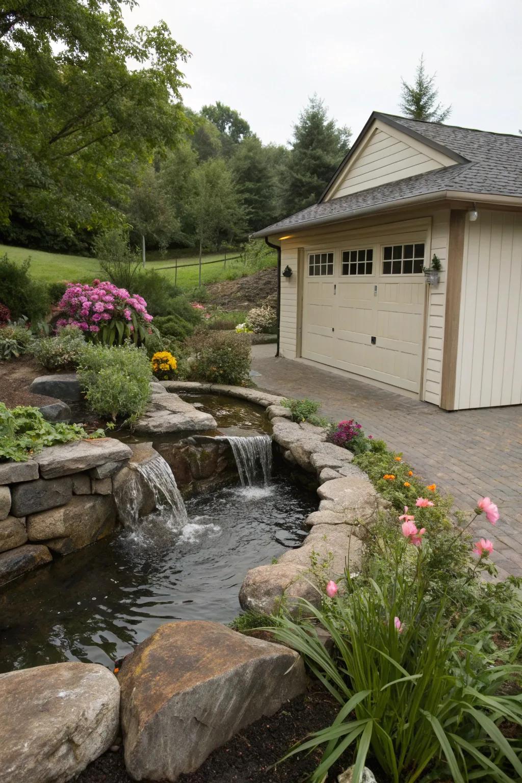 Water features introduce tranquility and charm to garage fronts.