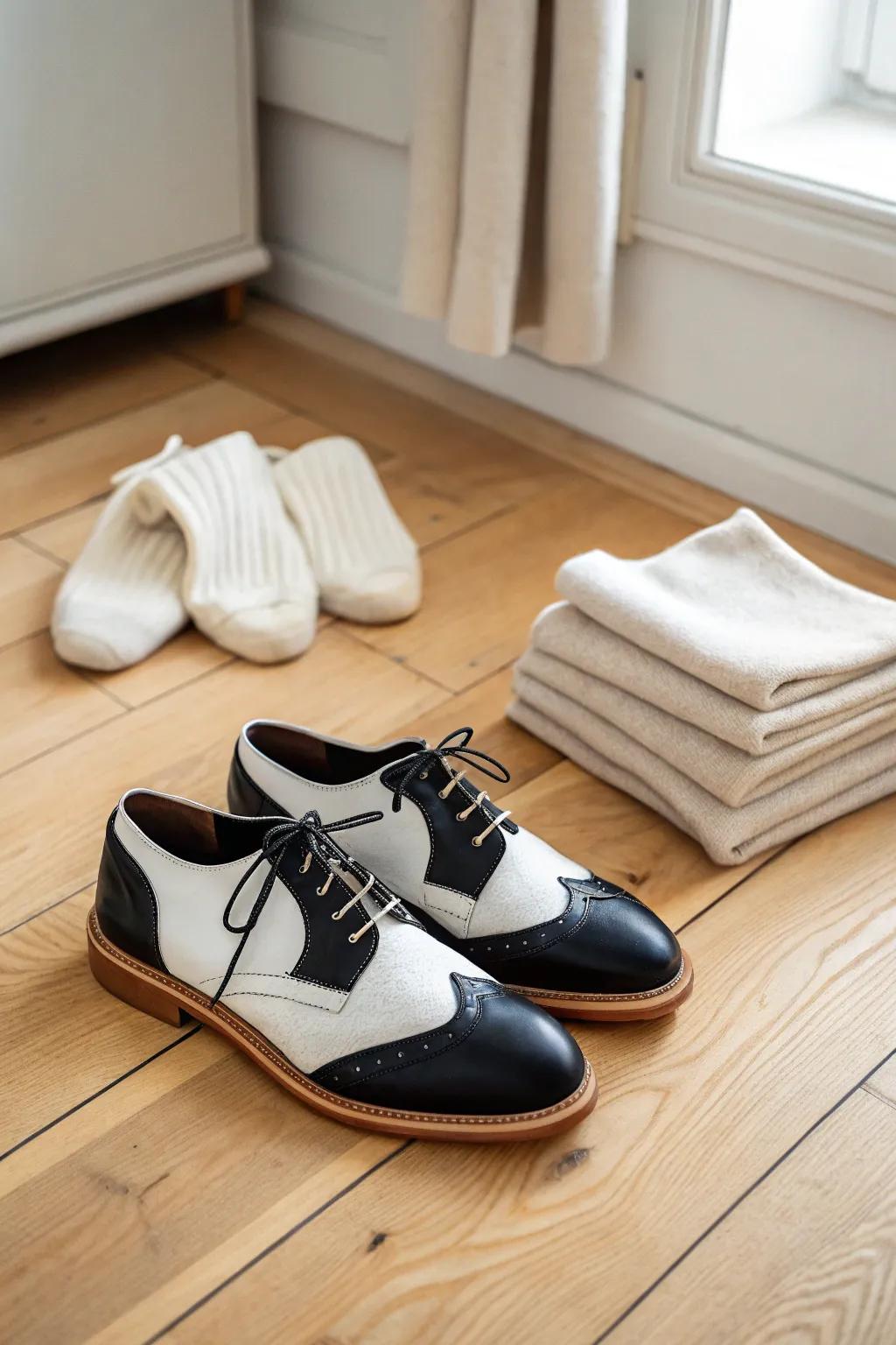 Step back into the 50s with timeless charm: Saddle shoes and bobby socks, the perfect duo for a last-minute retro look!