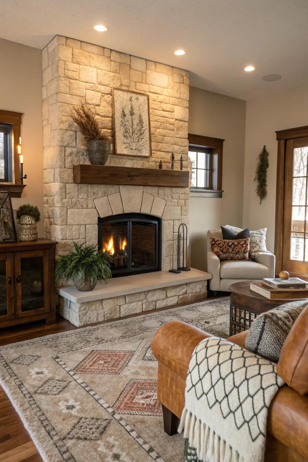 Textural contrast brings depth to a light stone fireplace setting.